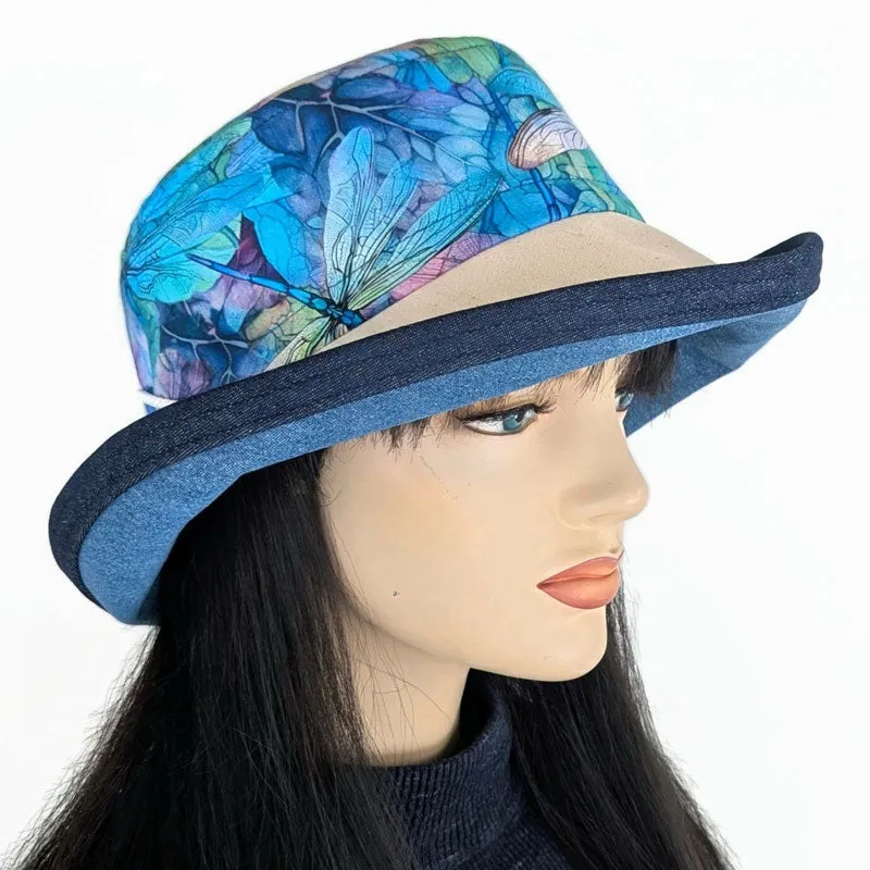 Sunblocker UV summer sun hat with wide brim, pretty dragonfly print, adjustable fit