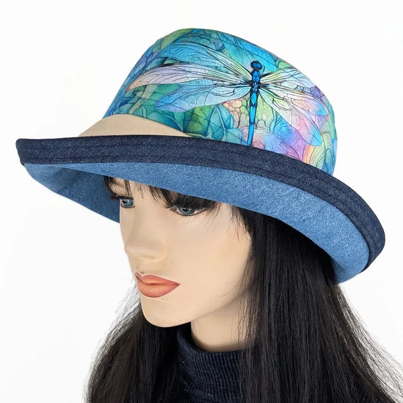 Sunblocker UV summer sun hat with wide brim, pretty dragonfly print, adjustable fit