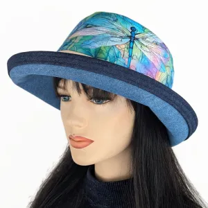 Sunblocker UV summer sun hat with wide brim, pretty dragonfly print, adjustable fit