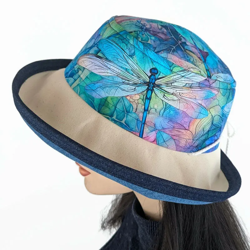 Sunblocker UV summer sun hat with wide brim, pretty dragonfly print, adjustable fit